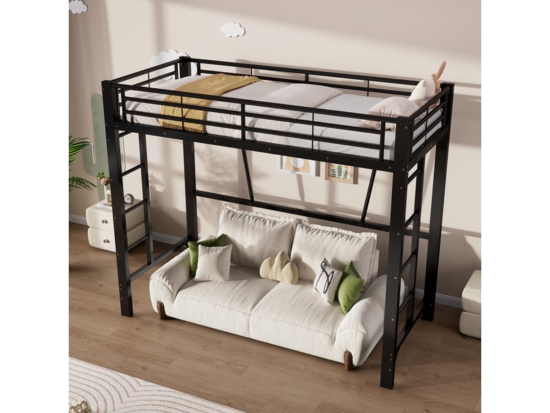  Lit mezzanine 90x200 cm avec cadre métallique, accès double échelle et zone libre sous couchage, vendu sans matelas, métal, noir OMNIGLINT TRADING LTD - Conforama E