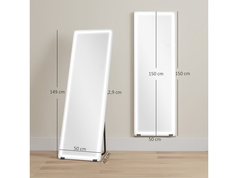  Miroir sur pied avec led 150 x 50 cm, 3 couleurs, dimmable, verre trempé 4 mm, fonction de mémoire, transparent  - Conforama C