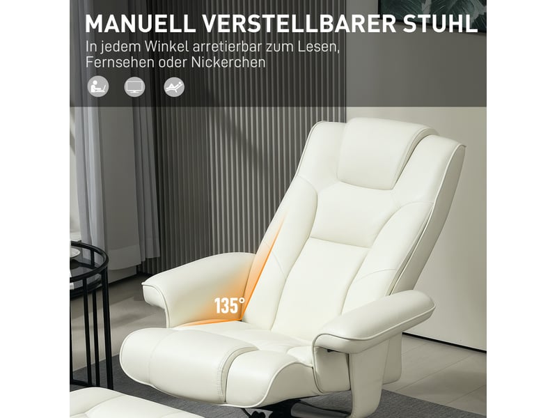  Fauteuil relax avec pouf, dossier inclinable à 135 degrés et fonction à bascule en cuir reconstitué blanc crème  - Conforama D