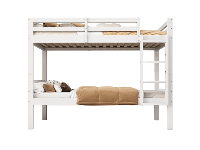 Lit superposé enfant 90 × 200 cm 2 places avec barrière et échelle, séparable, sans matelas, en pin, blanc - Conforama A