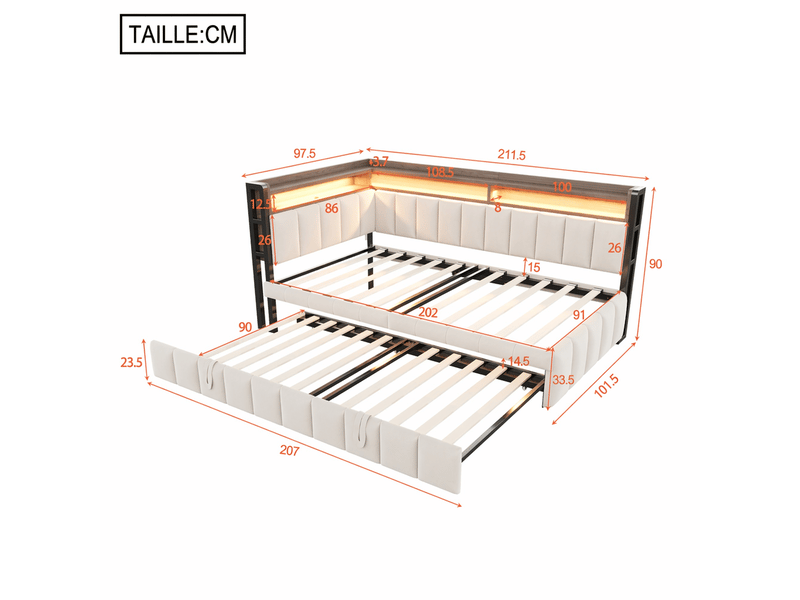  Canapé convertible lit gigogne 90 x 200 cm avec rangements éclairage réglable et ports de charge en velours beige  - Conforama D