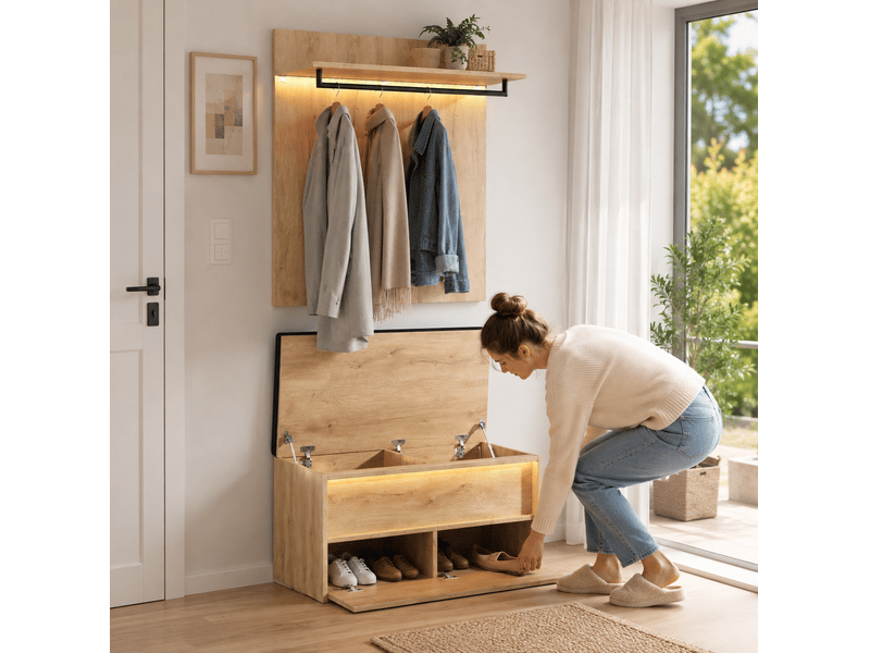  Set d'entrée avec porte-manteau mural et banc à chaussures 90x47x145 cm, led, mdf, bois clair, meuble d'entrée pratique  - Conforama D