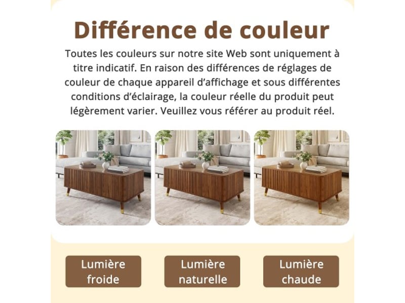 Table basse moderne rétro réglable en hauteur - effet noyer, structure ondulée, pieds bois, rangement multifonction - Conforama E