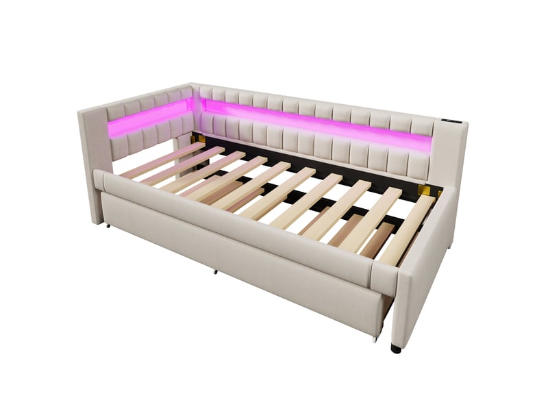  Lit de jour 90x200 avec lit gigogne et led - ports usbtype-c, lin beige  - Conforama A
