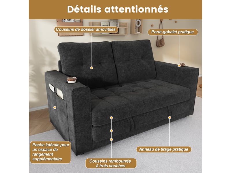 Canapé-lit convertible 2 places 141x79 cm, couchage 141x216 cm, 3-en-1, 2 porte-gobelets, poches latérales, coussins amovibles, chenille grise - Conforama E
