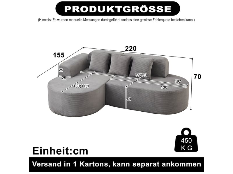 Canapé d'angle tcqpz modulable 4 places 220 x 155 cm avec méridienne velours côtelé gris  - Conforama C