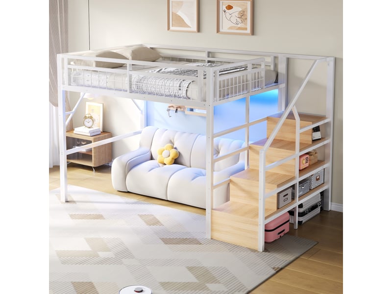  Lit mezzanine 140x200 cm avec led, escalier de rangement, espace libre sous le lit, métal et mdf, blanc Sol Morn - Conforama B