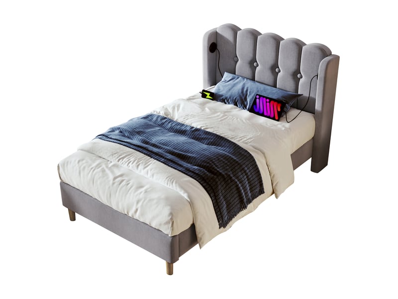 Lit simple 90 x 200 cm - lit adult avec port usb type-c - lin, mdf, métal - avec matelas - gris - Conforama A
