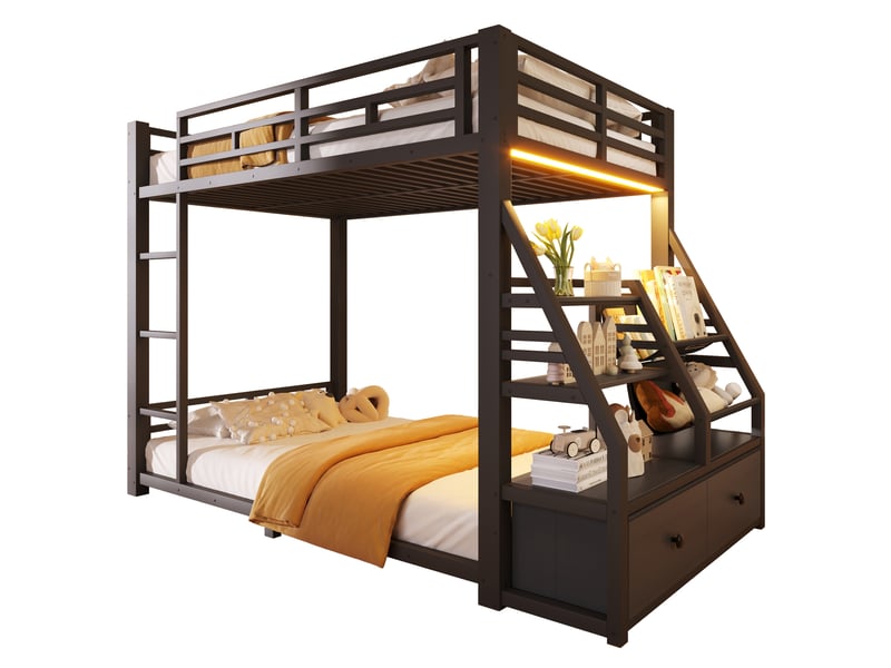 Lit superposé 90x200 cm – lit enfant métal avec led 2 tiroirs tissu et 2 étagères – métal – noir CozyNest - Conforama A