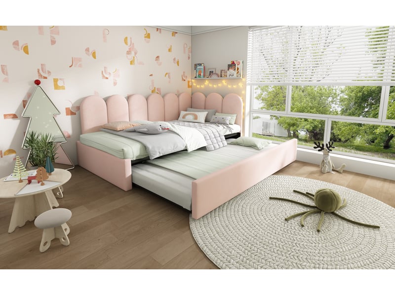  Lit banquette gigogne 90x200 cm avec tiroir lit secondaire - style contemporain - velours rose - sans matelas  - Conforama B