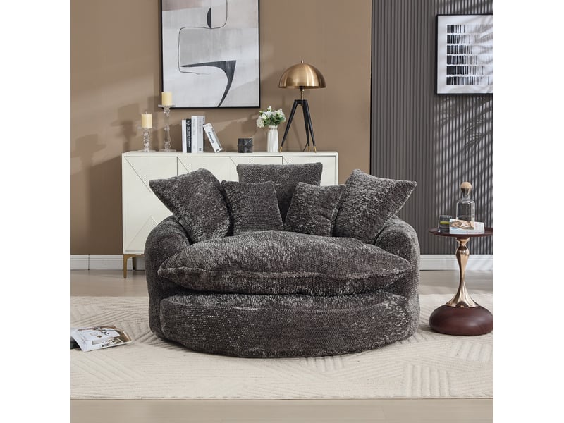 Canapé lounge xxl 1 place 190,5x138x63 cm, chaise longue ronde en polyester, assise profonde en mousse haute densité, coussins, sans montage, gris - Conforama E