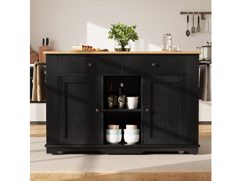 Îlot de cuisine mobile avec plateau rabattable, prises et rangements noir naturel - Conforama B