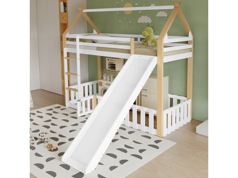  Lit superposé pour enfant, glissade, toit, barrière et sommier à lattes, 90x200cm, blanc naturel  - Conforama C
