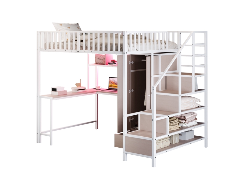 Lit mezzanine enfant 140x200 cm – blanc – bureau, armoire, rangements, led, usb et type-c intégrés - Conforama A