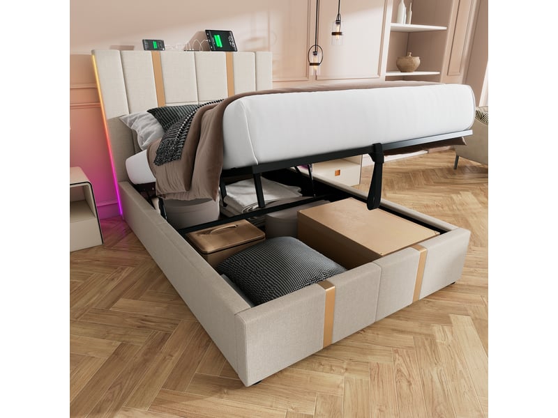  Lit simple rembourré 90x200 cm beige lin, led contrôlée par appli, usb-c, rangement  - Conforama B