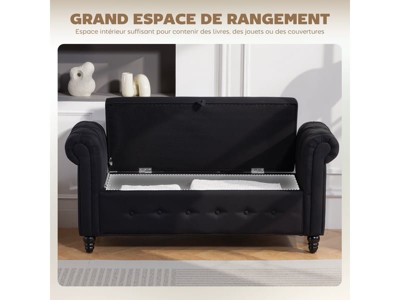  Banc banquette coffre 2 en 1 noir en tissu aspect lin avec pieds en bois 146,5 x 49 x 72 cm  - Conforama E