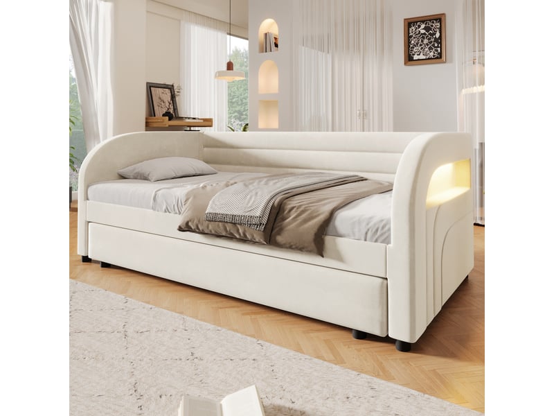 Lit gigogne 1 place 90 × 200 cm avec led multicolore et couchage d'appoint, sans matelas, en flanelle beige - Conforama C