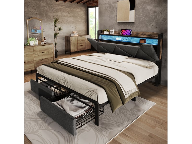  Lit coffre 160 × 200 cm 2 places avec led, usb, type-c, rangement et 2 tiroirs, sans matelas, en lin gris  - Conforama C