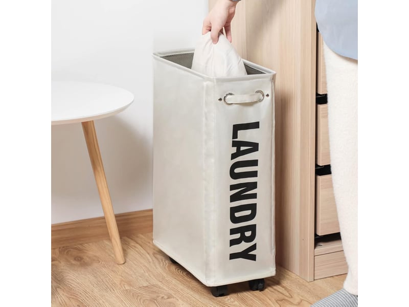  57 cm slim panier à linge sur roulettes, panier à linge roulant pliable, rangement d'angle étroit pliable (beige)  - Conforama E