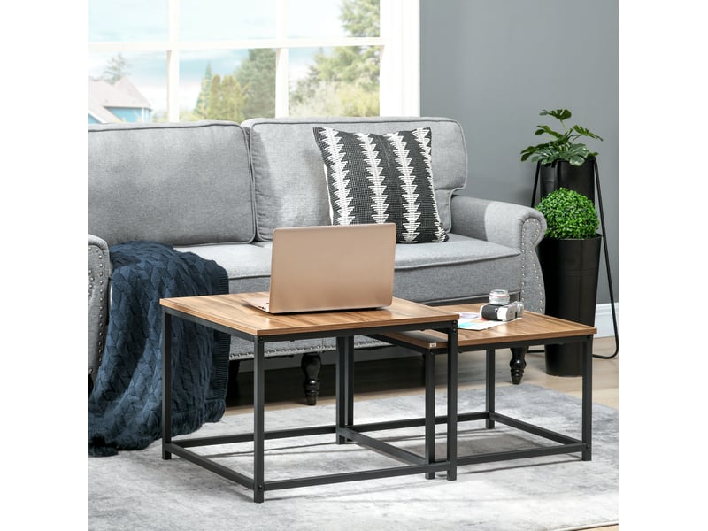  Tables basses gigognes avec 2 tables, pieds réglables et structure en acier, en bois effet naturel pour salon  - Conforama B