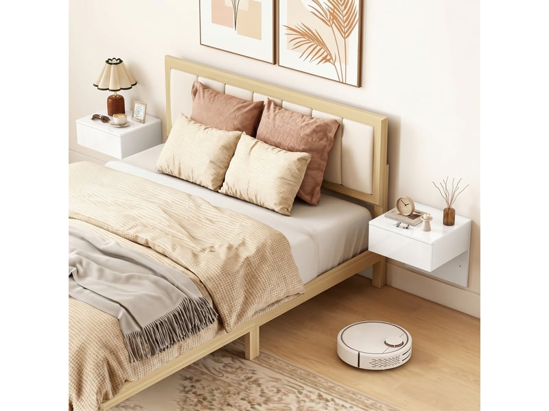  Ensemble de 2 tables de chevet suspendues avec tiroir, fixation murale pour chambre, 40 x 35 x 36,2 cm, blanc brillant  - Conforama C
