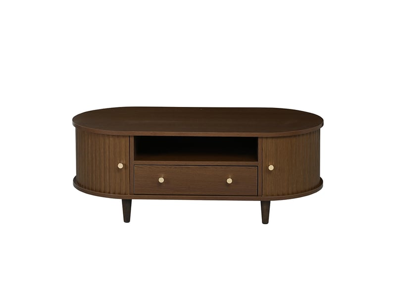 Table basse de salon noyer avec tiroir espace rangement ouvert porte coulissante 4 pieds d'appoint  - Conforama D