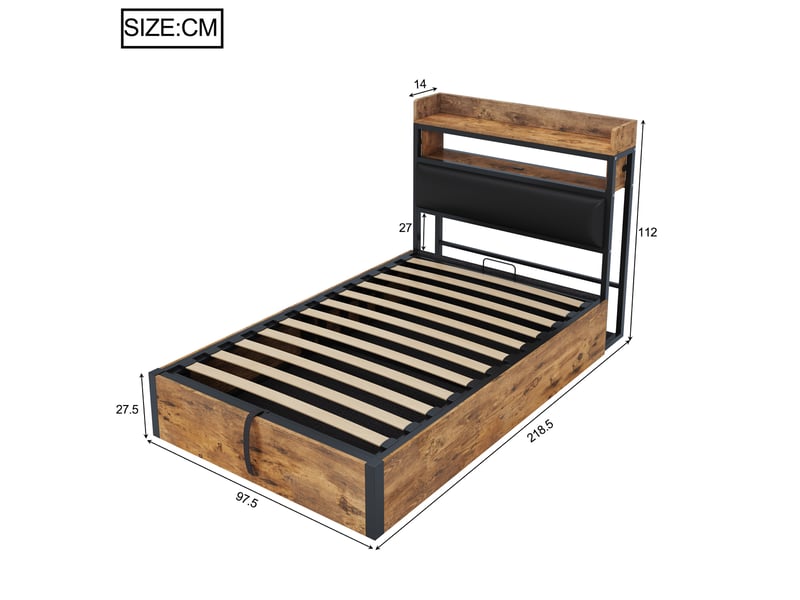 Lit simple 90x200 cm rangement hydraulique usb en métal bois et tissu noir - Conforama E