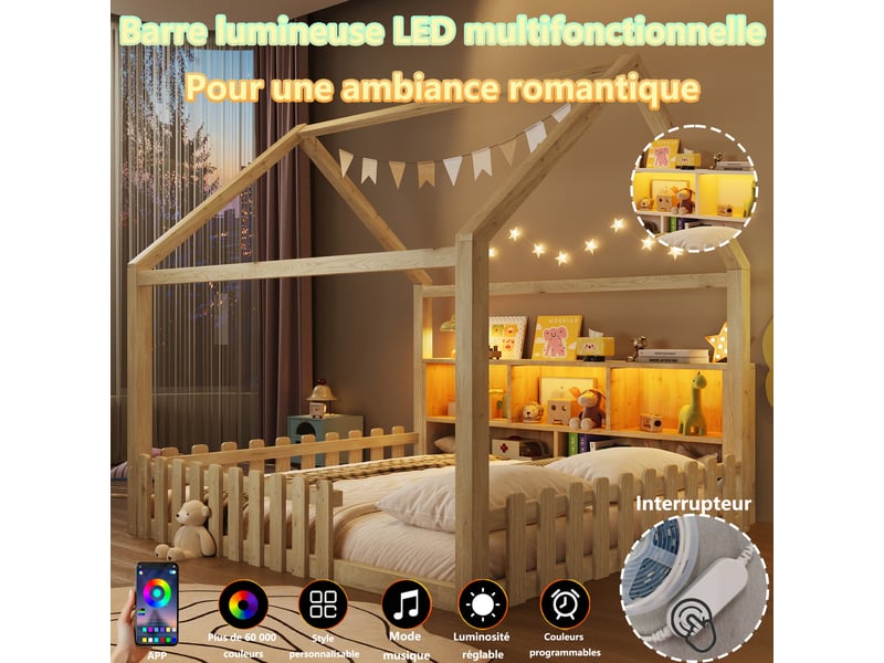  Lit cabane enfant 140x190 cm bois massif,  sommier à lattes, style maison, couchage maisonnette barrière de sécurité, led  - Conforama D