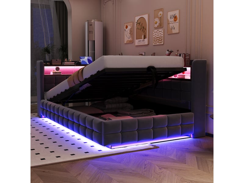  Lit coffre 90x200 cm, velours, prises et port usb et type c, coloris gris foncé, espace de stockage caché  - Conforama D