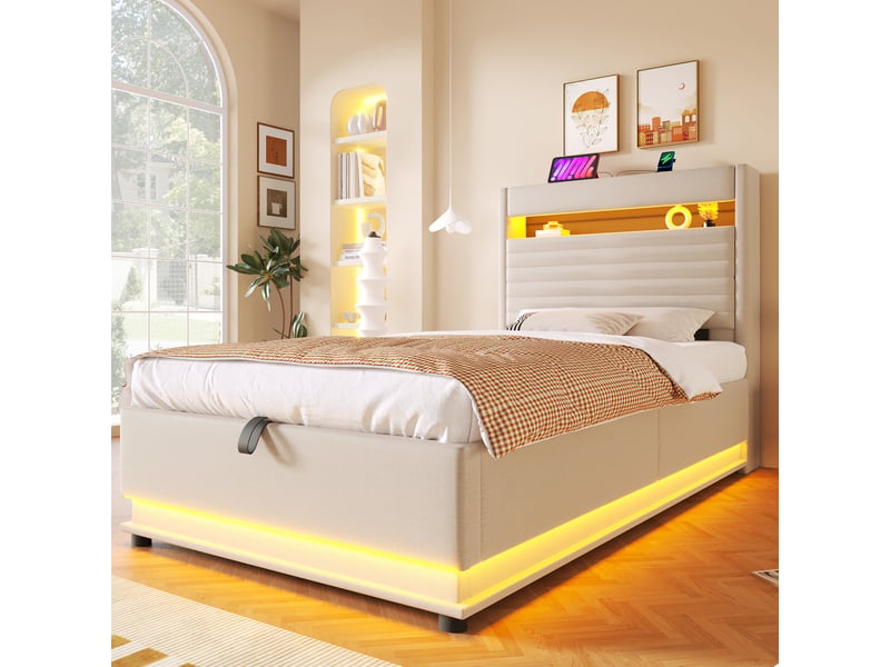  Lit coffre 90x200 cm en lin beige avec rangement hydraulique, tête de lit led et ports usb et type-c.  - Conforama B