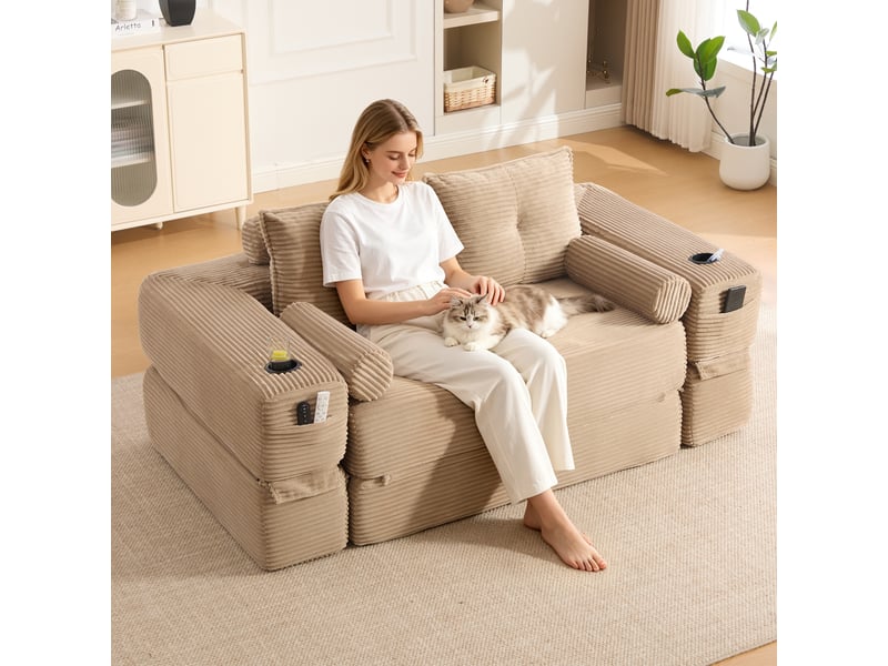  Canapé droit convertible 2 places en velours côtelé kaki 180x98x80 cm, porte-gobelet, poches, coussins, salon séjour 180x98x80cm - Conforama W