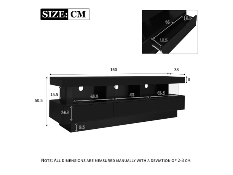  Meuble de tv 160cm noir haute brillance 160x38x50,5 cm, 3 étagères en verre, éclairage led pilotable par application et connectivité  - Conforama C