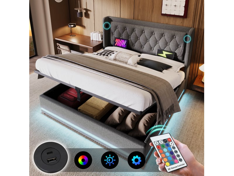  Lit coffre 160 × 200 cm 2 places avec led, usb et type-c, tête de lit rembourrée, matelas inclus, coton gris  - Conforama E