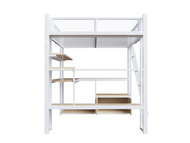Lit mezzanine gaming 140x200 cm blanc, avec bureau, led, rangements, étagères, placard, structure métal, sommier inclus, sans matelas - Conforama D