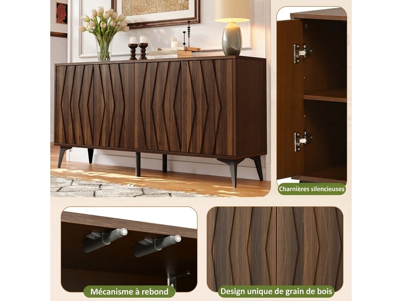  Buffet 4 portes noyer 140 cm meuble de rangement avec étagères réglables  - Conforama R