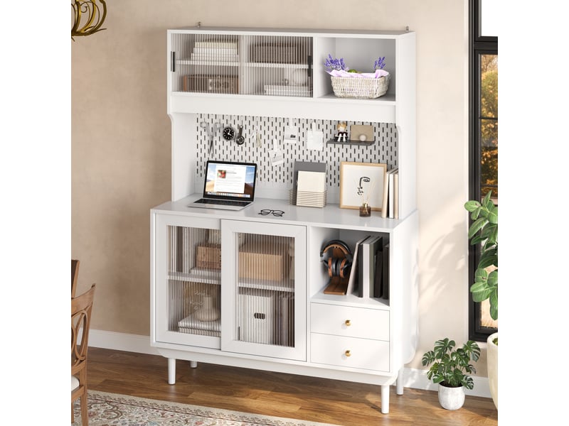  Buffet haut cuisine 117x30x170 cm avec portes vitrées rainurées, panneaux perforés, tiroirs et rangements ouverts, meuble rangement mdf-blanc  - Conforama E