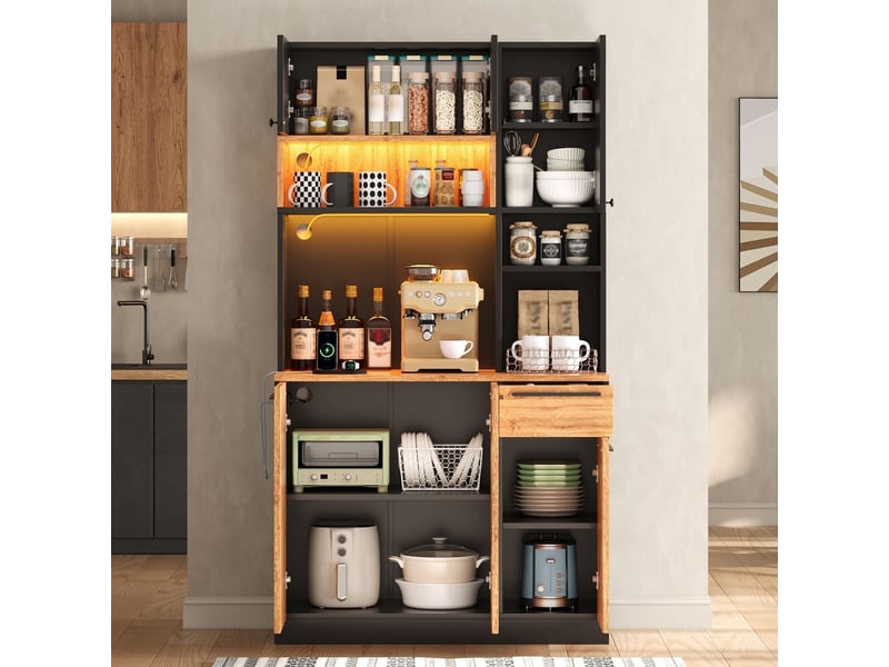  Buffet de cuisine 100 x 40 x 180 cm 6 portes et 1 tiroir bahut éclairage led prises électriques intégrées rangement de provisions design moderne  - Conforama B