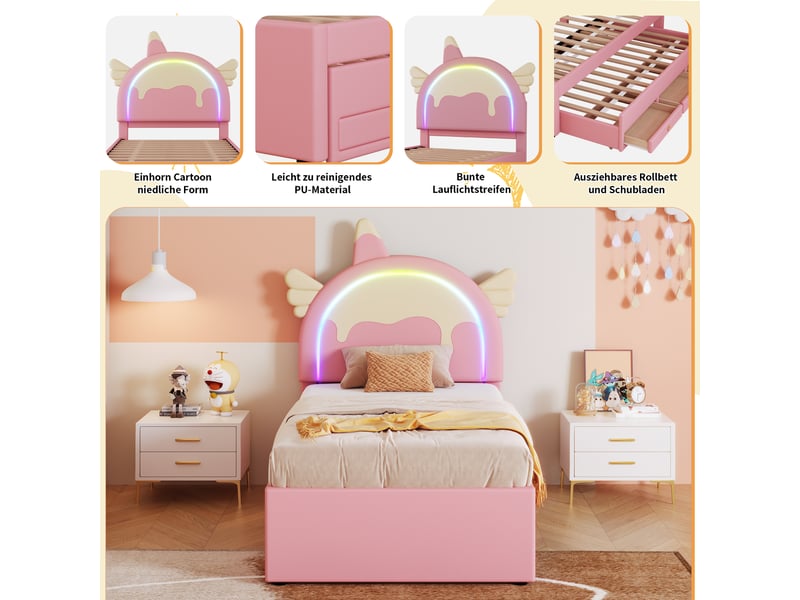  Lit gigogne enfant 200×90 cm en forme de licorne avec tiroirs, en pu et mdf rose  - Conforama E
