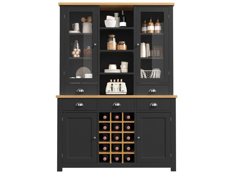  Buffet de cuisine haut 120 x 40 x 185 cm, porte vitrée, 5 tiroirs, étagère réglable, casier à vin amovible, anti-basculement, noir  - Conforama A