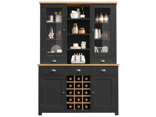 Buffet de cuisine haut 120 x 40 x 185 cm, porte vitrée, 5 tiroirs, étagère réglable, casier à vin amovible, anti-basculement, noir