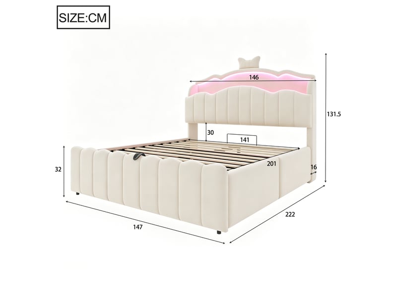  Lit coffre 2 places 140x200 cm - lit avec rangement hydraulique, tête de lit led, usb et usb-c - velours - beige  - Conforama C