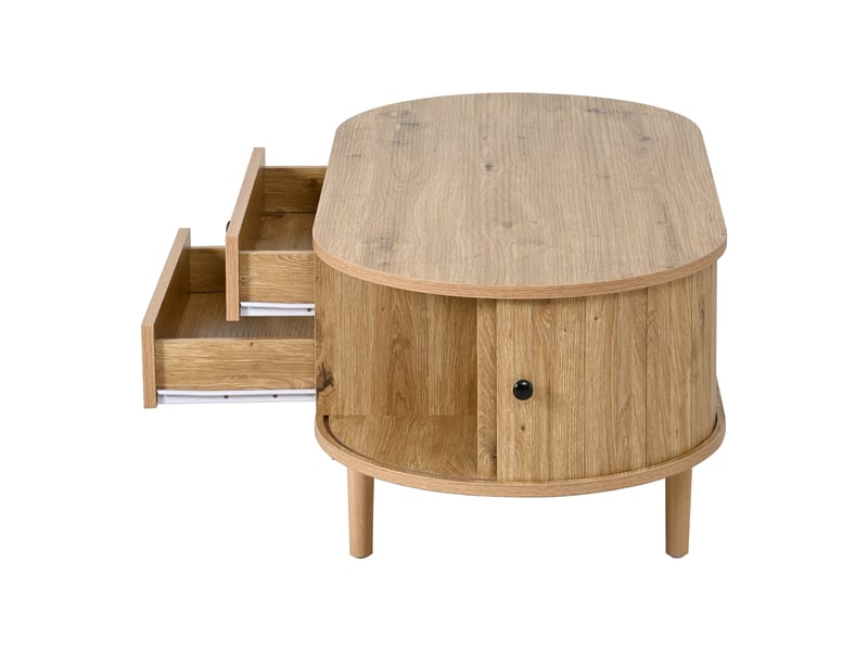  Table basse ovale moderne rétro, porte coulissante, 2 tiroirs, rainures verticales, pieds en bois, multifonctionnelle  - Conforama E