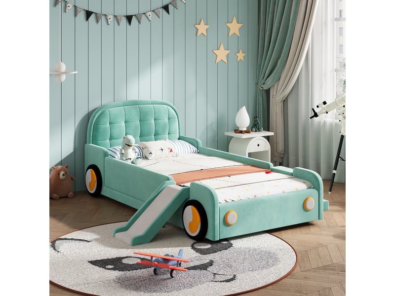  Lit voiture 90x200 cm, lit enfant, escalier, toboggan, barrière antichute, velours bleu-vert  - Conforama A