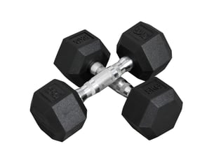 Lot de 2 haltères hexagonaux 2 x 5 kg en fonte avec revêtement caoutchouc noir, poignées moletées, design antiroulis