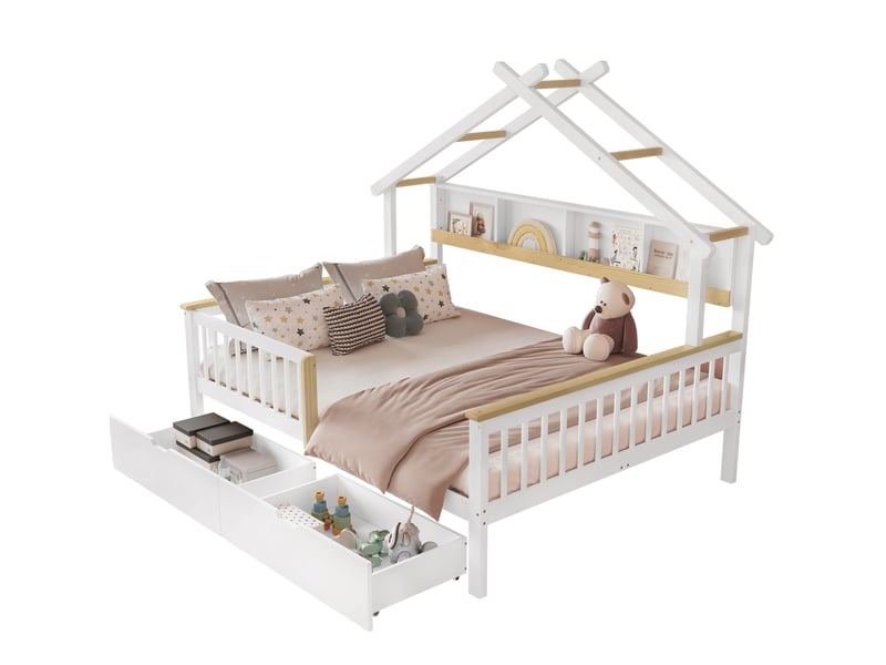  Lit cabane 140x200 cm blanc et naturel avec barrières et 2 tiroirs  - Conforama A