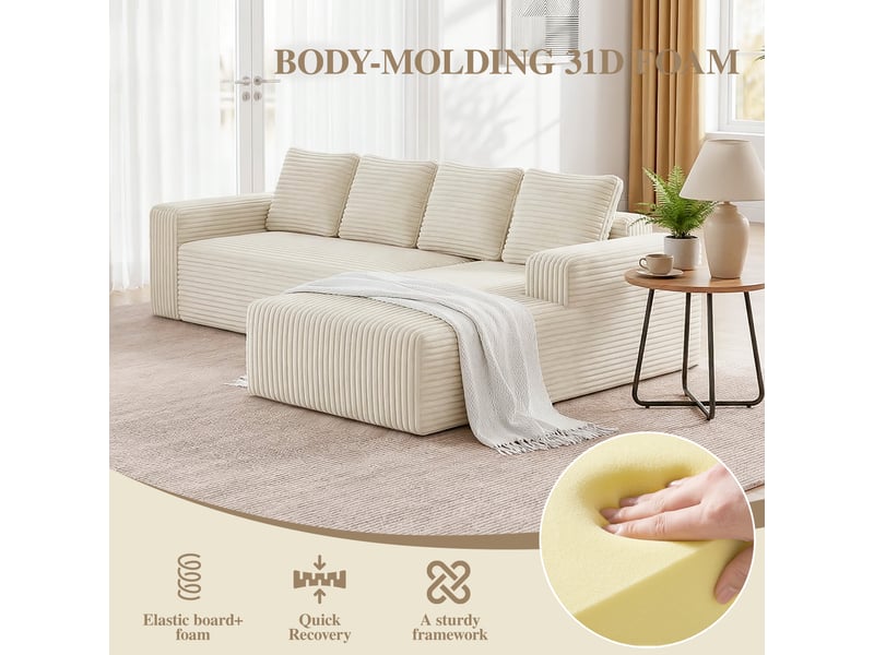  Canapé modulable 5 places d'angle en l 261cm,porte-gobelets,méridienne à gauche,velours côtelé,beige  - Conforama E