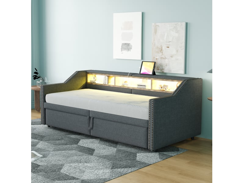  Modenvie canapé lit gigogne 90180x200 cm - avec rangement latéral, led et port usb, avec 2 matelas ressorts - gris  - Conforama E