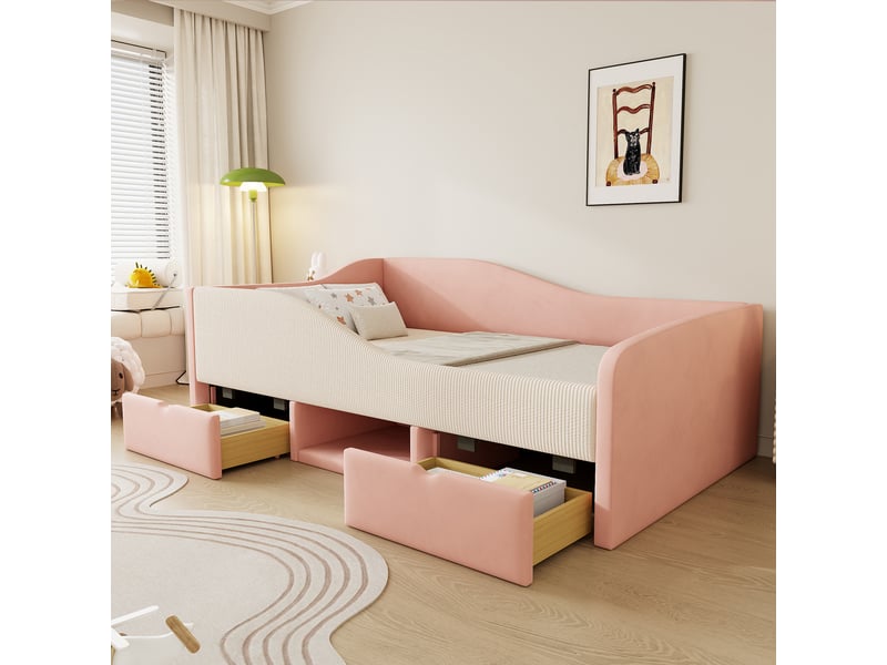  Lit avec rangement rembourré 90x190 cm coloris rose velours lit enfant rose - Conforama D