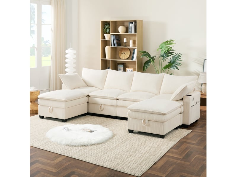  Canapé d'angle modulable 6 places en velours côtelé beige avec rangement, usb et porte-gobelets intégrés  - Conforama B
