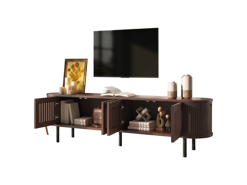  Meuble tv 178x39,5x49,5 cm avec 4 portes battantes, meuble bas jusqu’à 75 pouces avec façade ajourée et porte roulante incurvée, effet noyer OPULERANE TRADING LTD - Conforama A